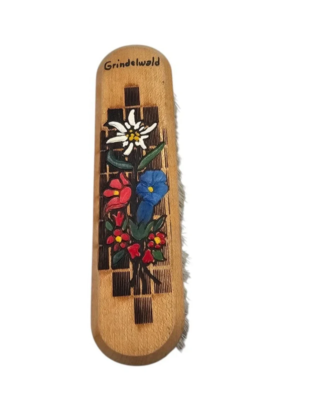 Vintage Grindelwald Switzerland Hand Painted Wooden Handle Brush Floral